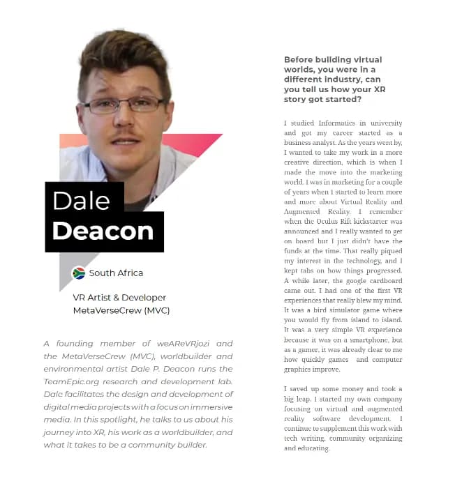 An interview page headed "Dale Deacon, South Africa, VR Artist & Developer, MetaVerseCrew (MVC)", with his photo and his answer about how his XR story started.