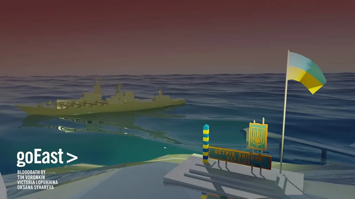 goEast still of Bloodbath: a warship on open water beside a border post and a Ukrainian flag. Credited to Tim Voronkin, Victoria Lopukhina and Oksana Syhareva.