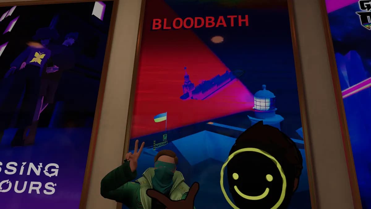 Two avatars pose in front of the Bloodbath poster in VRChat. One wears a green face mask, the other has a yellow smiley face.