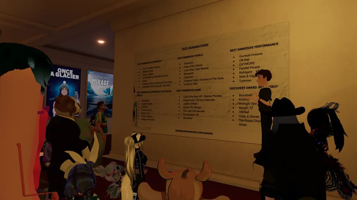 Avatars gather in a gallery hall in front of a wall listing the Raindance Immersive 2022 nominations.