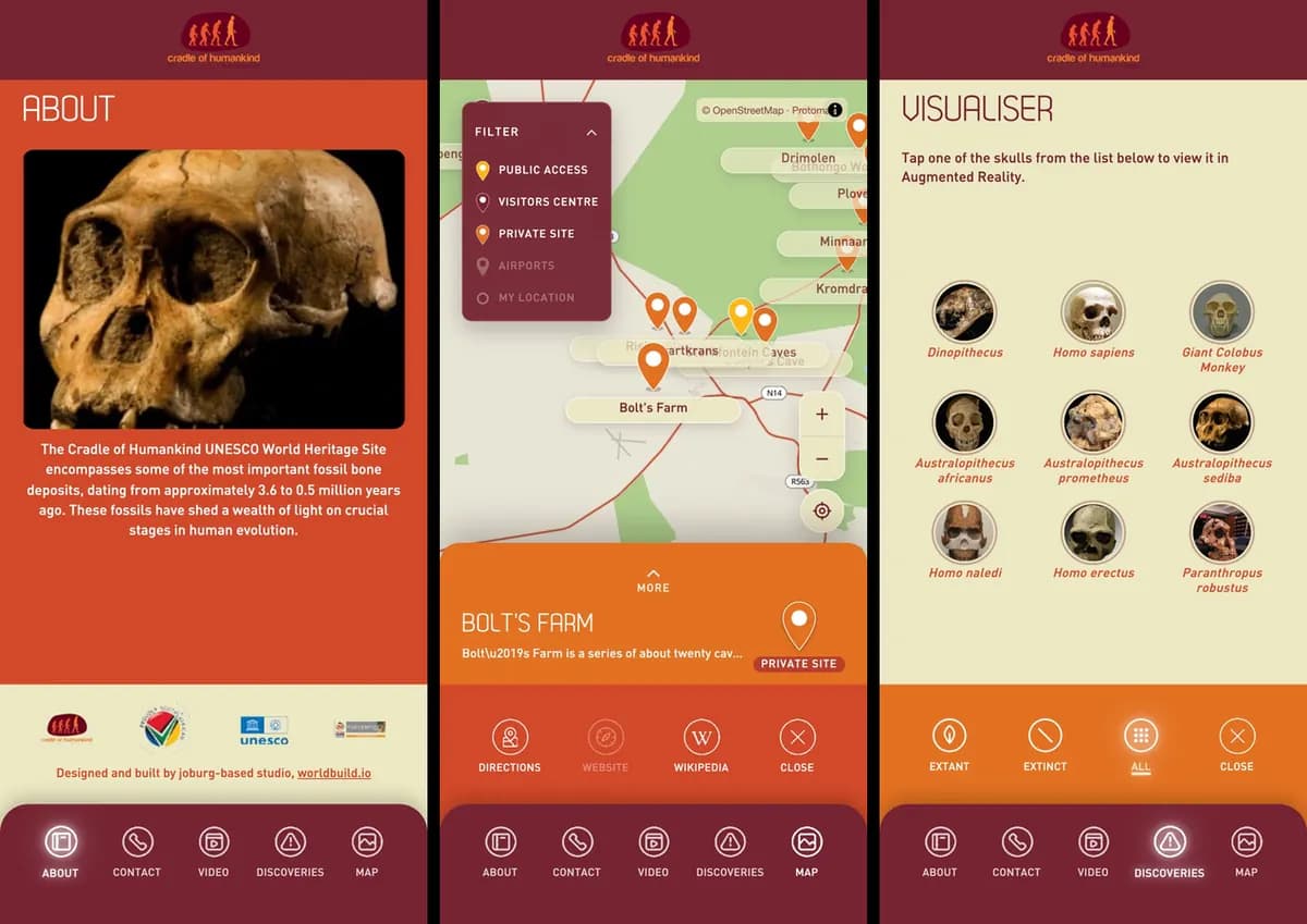 Three screens. An About page with a fossil skull, a map with a filter for public access and private sites, and a list of skulls for the augmented-reality view.