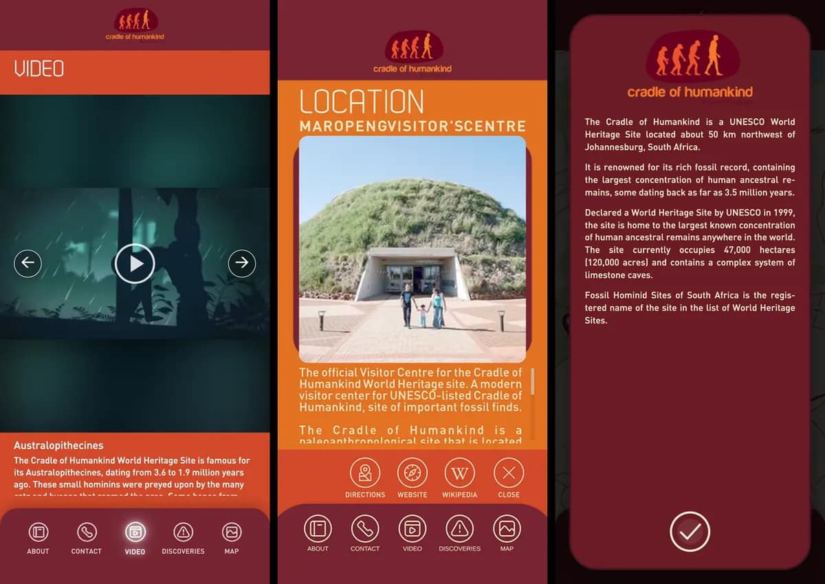 Three screens. A video about Australopithecines, the Maropeng Visitor Centre page, and a short UNESCO site summary.