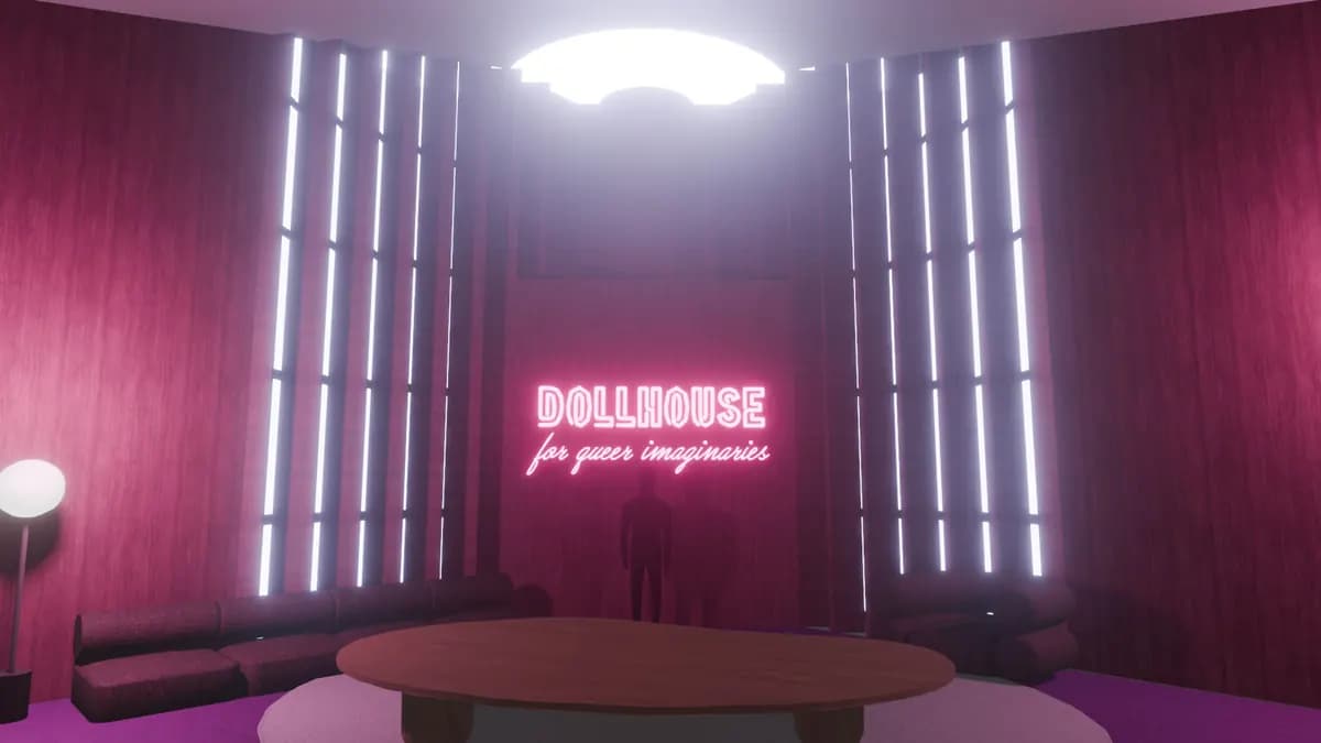 A neon sign reading DOLLHOUSE for queer imaginaries, between light strips above a low round table.