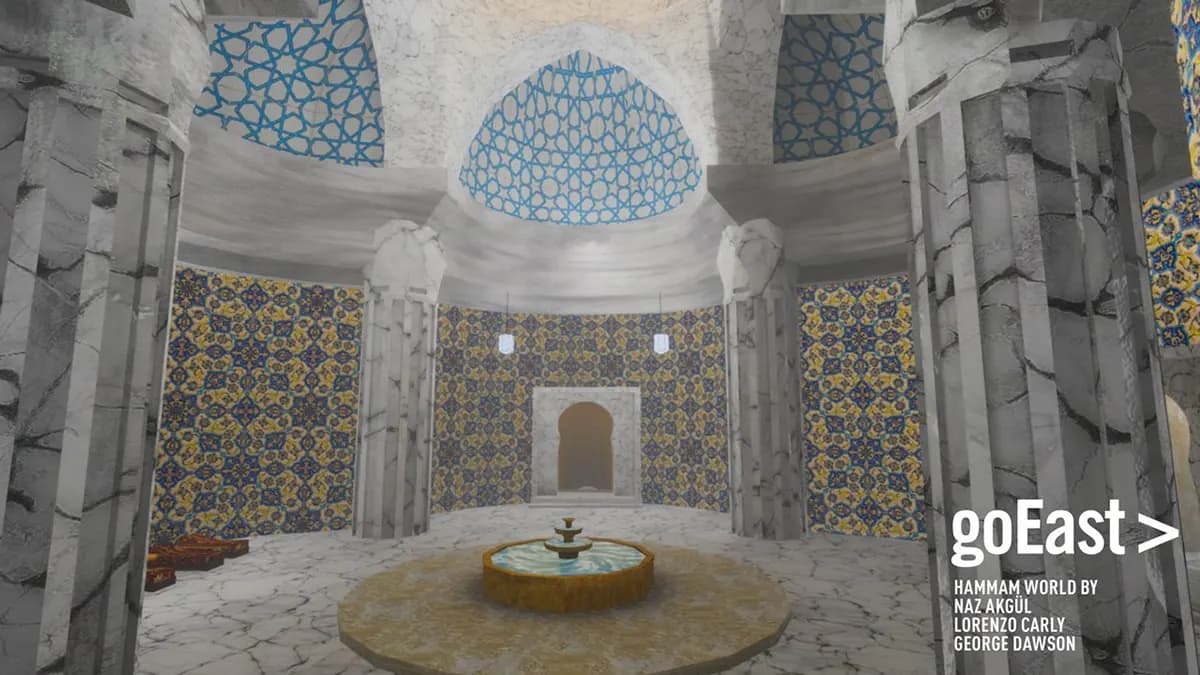 Hammam World: a tiled dome over a marble fountain. Credited to Naz Akgül, Lorenzo Carly, and George Dawson.