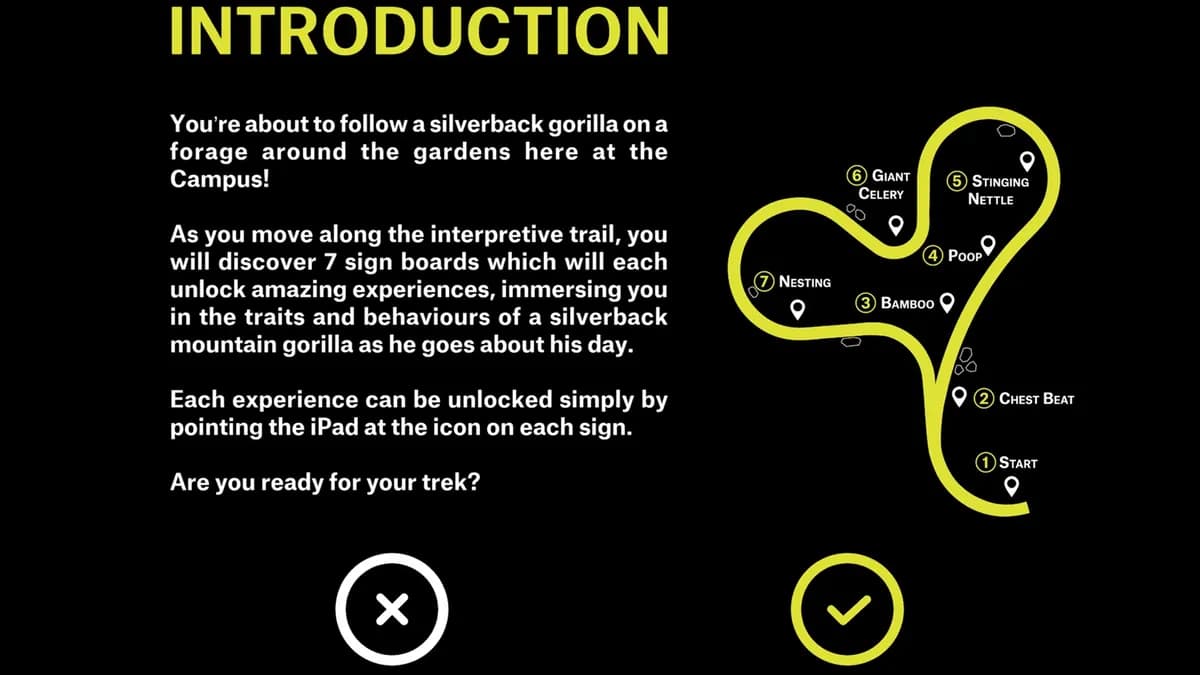 The app's introduction screen: a trail map with seven numbered sign boards and the question "Are you ready for your trek?"