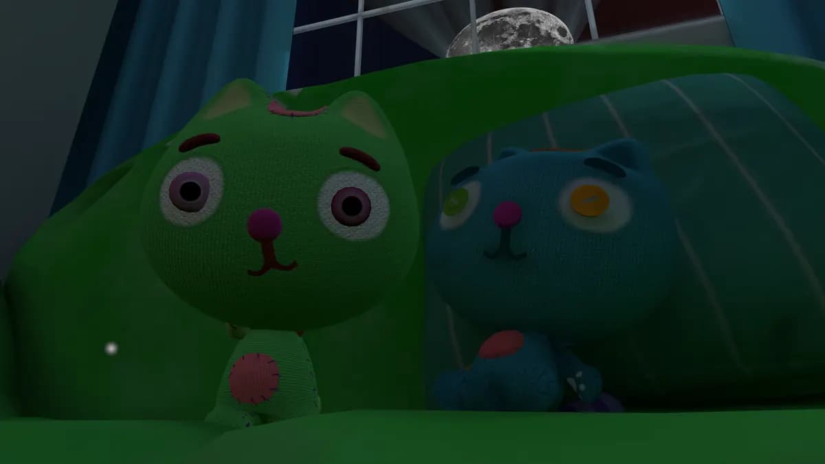 Two knitted cat avatars, one green and one blue, sit on a giant green couch under a window and a full moon.