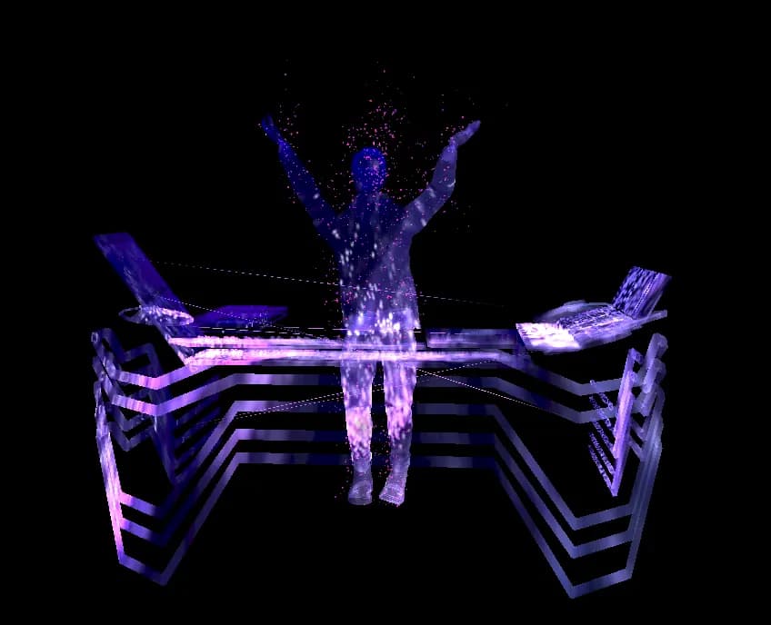 A particle avatar raises both arms behind a console of stacked zigzag panels, on a black background.