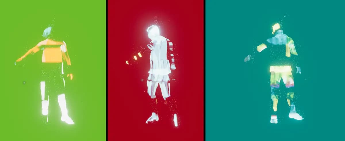 Three glowing avatar tests side by side, on green, red and teal backgrounds.