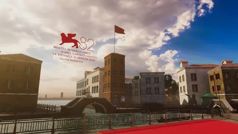 The 2025 Worlds Gallery. Venetian buildings and a footbridge over a canal, with the 82nd Venice festival logo in the sky and a red carpet in front.
