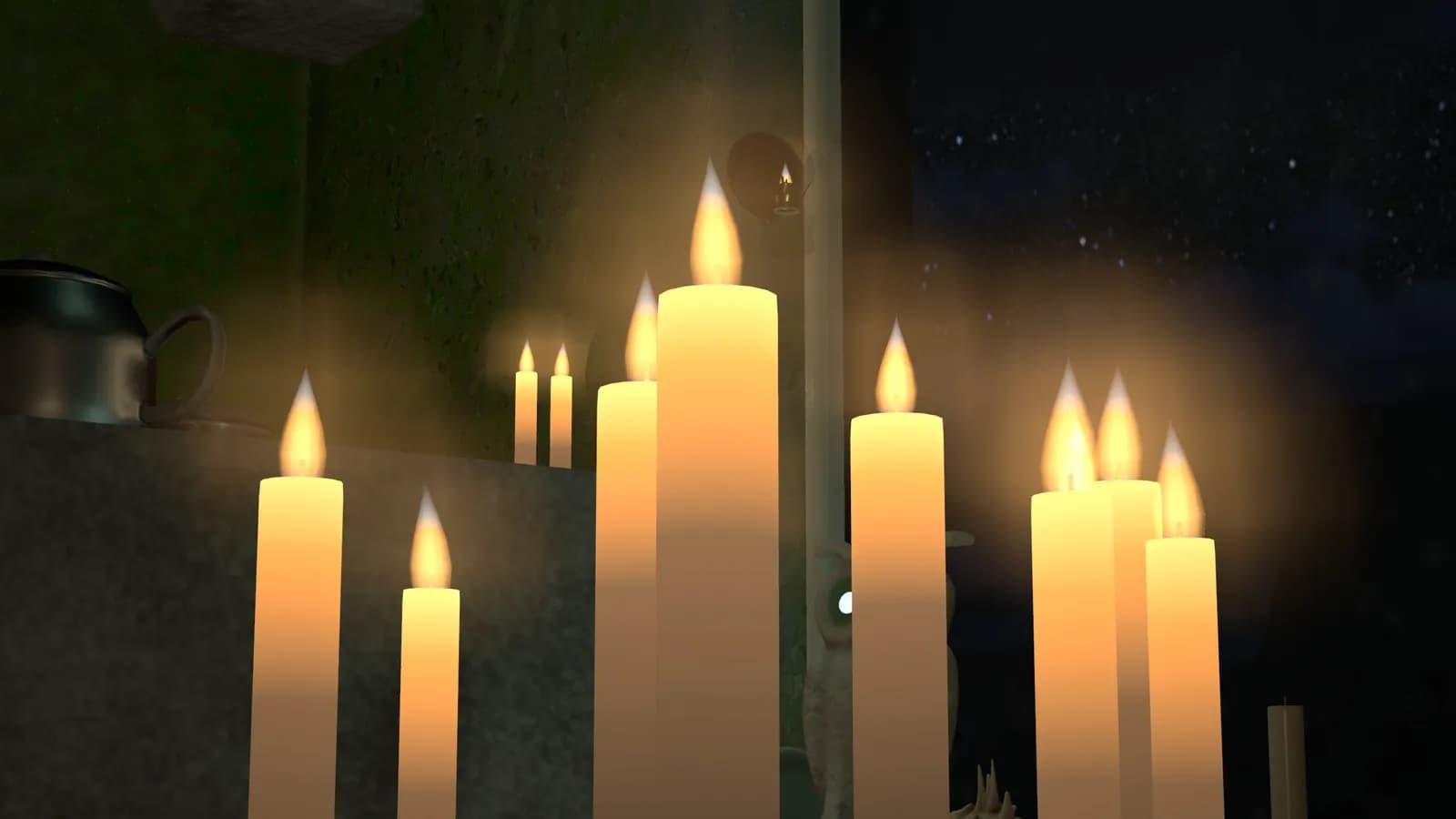 A cluster of lit candles on the kitchen table, a starry night through the window behind