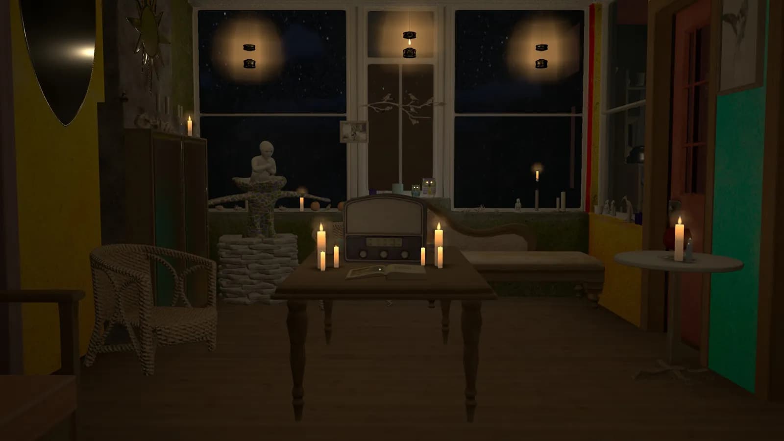 The sitting room at night: candles round an old radio and an open book, painted walls, stars in the windows