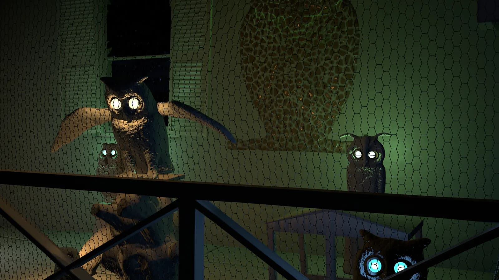 Cement owls behind chicken wire on the stoep, their eyes lit white and blue