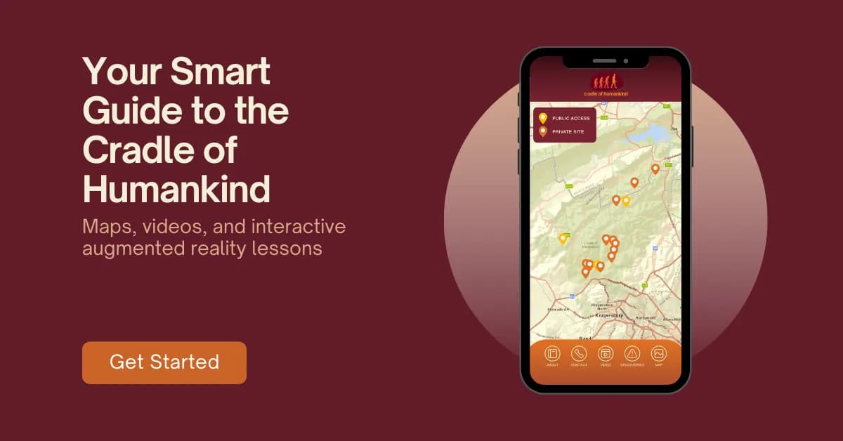 Promo for the Cradle of Humankind app. A phone shows a map of the site with public and private pins.