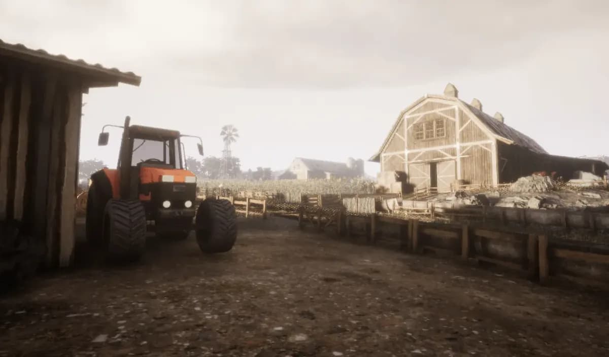 An orange tractor on a dirt track between a wooden shed and a white barn, with a windmill beyond the field.