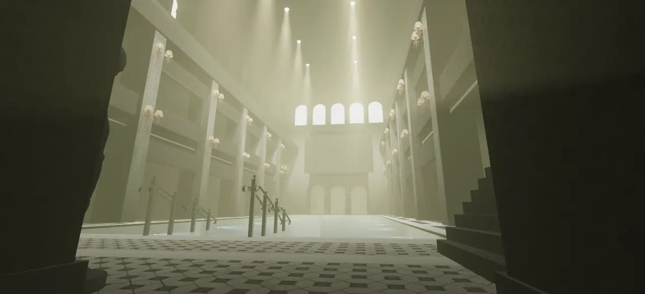 A foggy tiled bathhouse hall in VRChat, with a long pool, hanging lamps, and light through a row of arches.