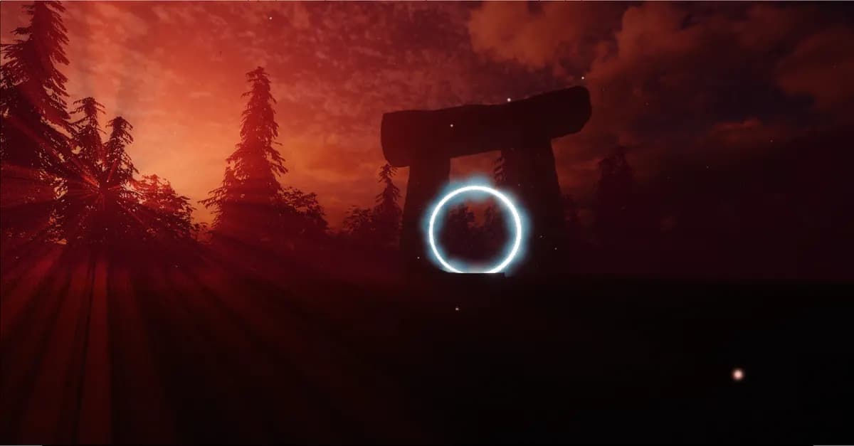 A glowing ring hangs under a stone arch in a red-lit pine forest.