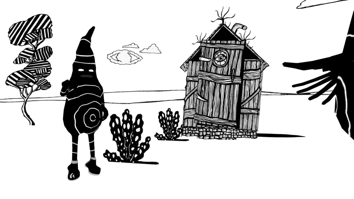 A striped figure in a tall hat stands by a wooden outhouse with an eye in the round window. Ink drawing.