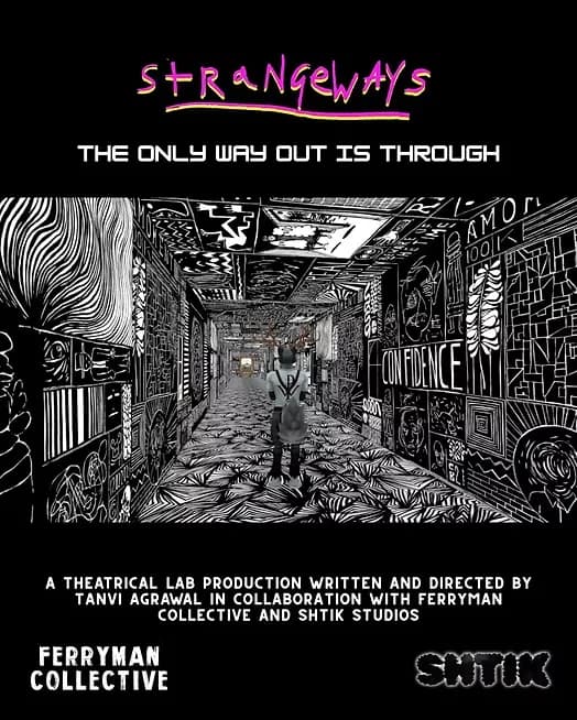 Poster for Strangeways: The Only Way Out Is Through. A figure walks a hand-drawn corridor toward a bright exit.