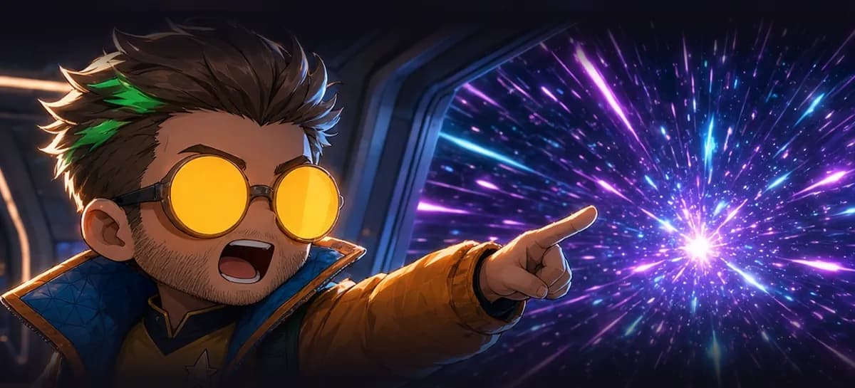A pilot in round yellow goggles and an orange jacket points through a spaceship window at a violet hyperspace starburst.