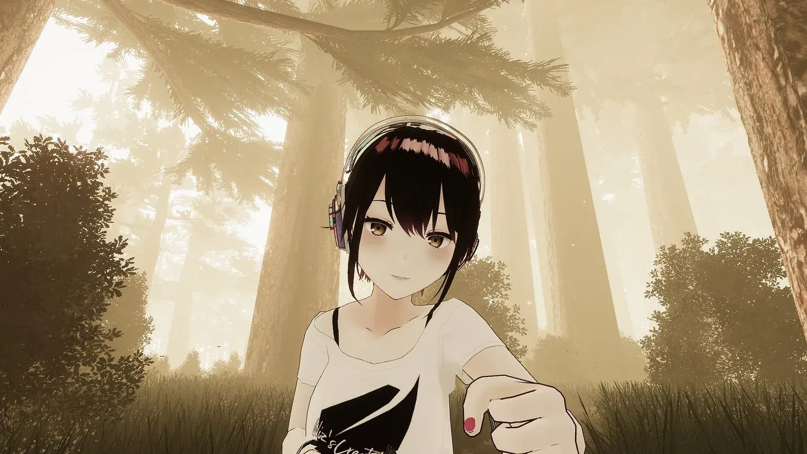 An anime-style avatar with dark hair in a misty, sunlit forest, reaching toward the camera.
