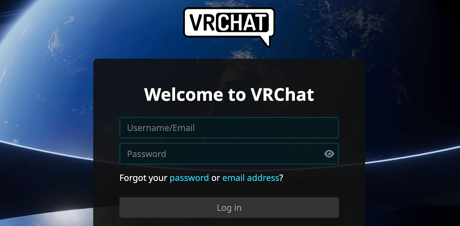 The VRChat login screen: "Welcome to VRChat" with username and password fields over a view of Earth from space.