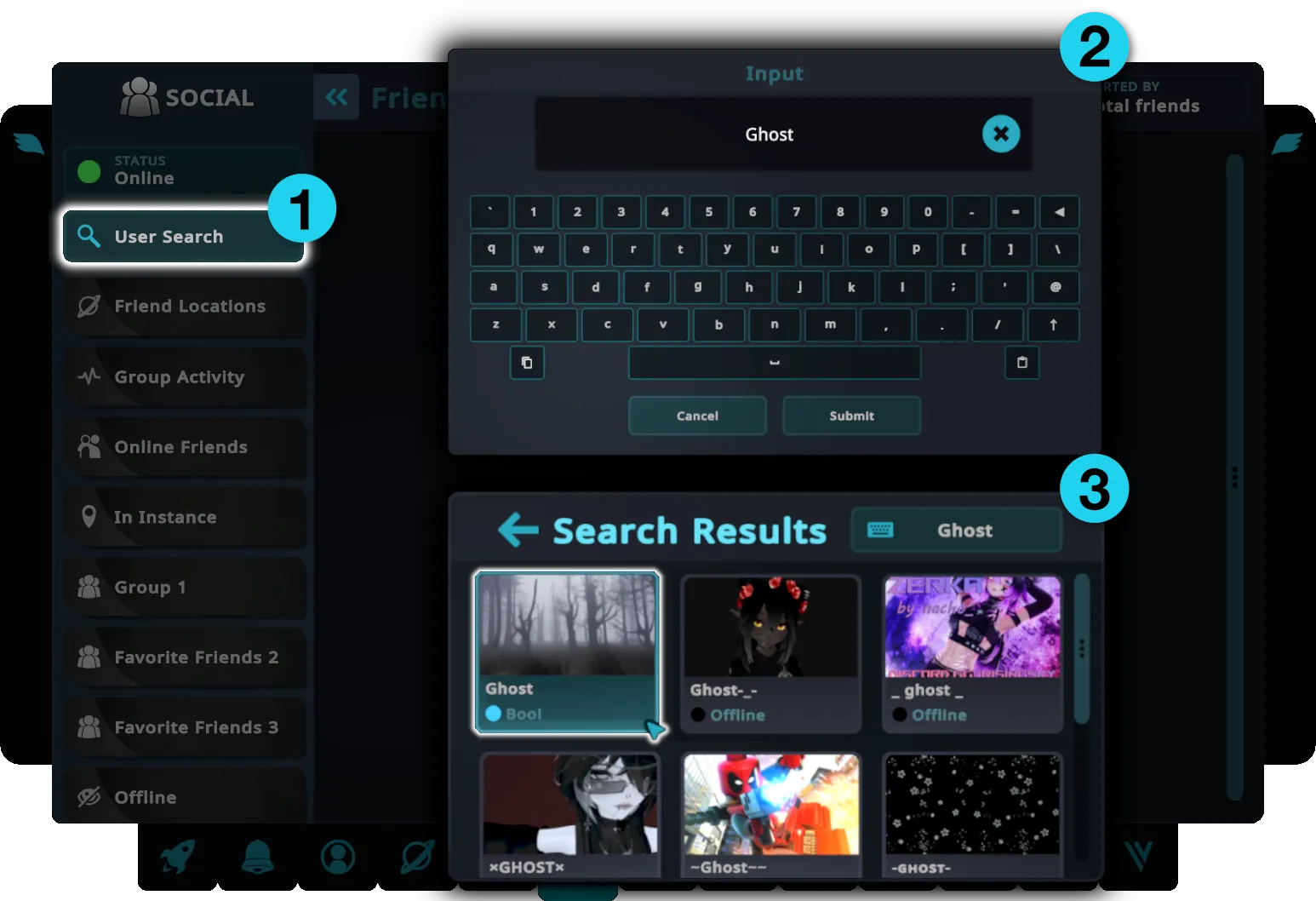 VRChat Social menu, numbered: open User Search, type a name on the keyboard, pick the account from the search results.