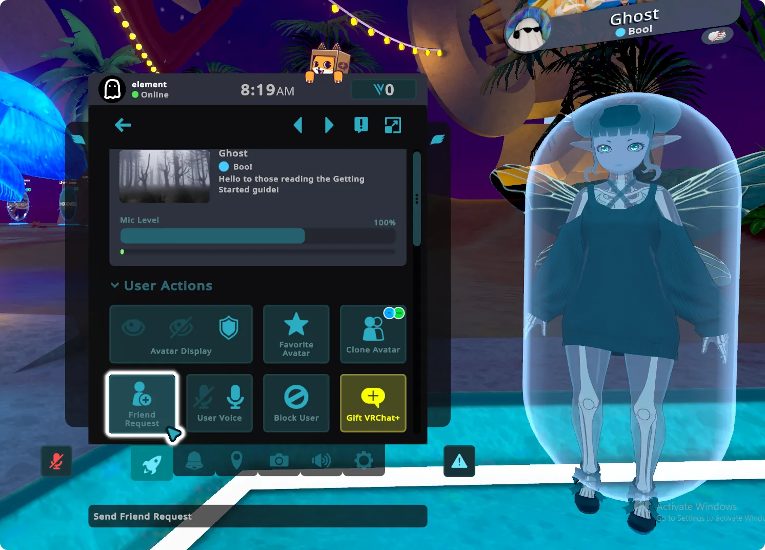Selecting a player in VRChat brings up their card in the Quick Menu, with the Friend Request button highlighted.