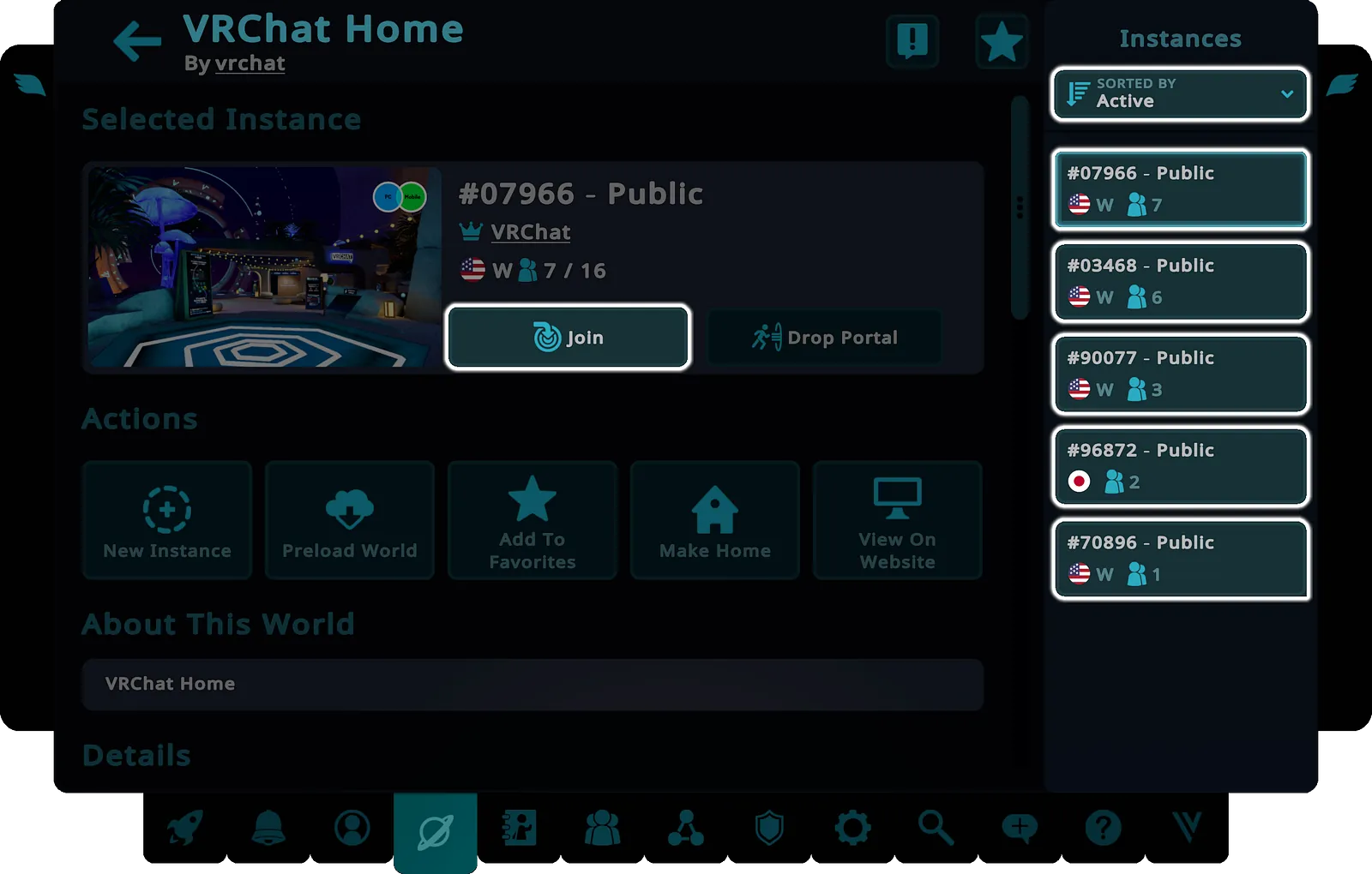 A world page in VRChat's menu, with its list of active public instances down the right.