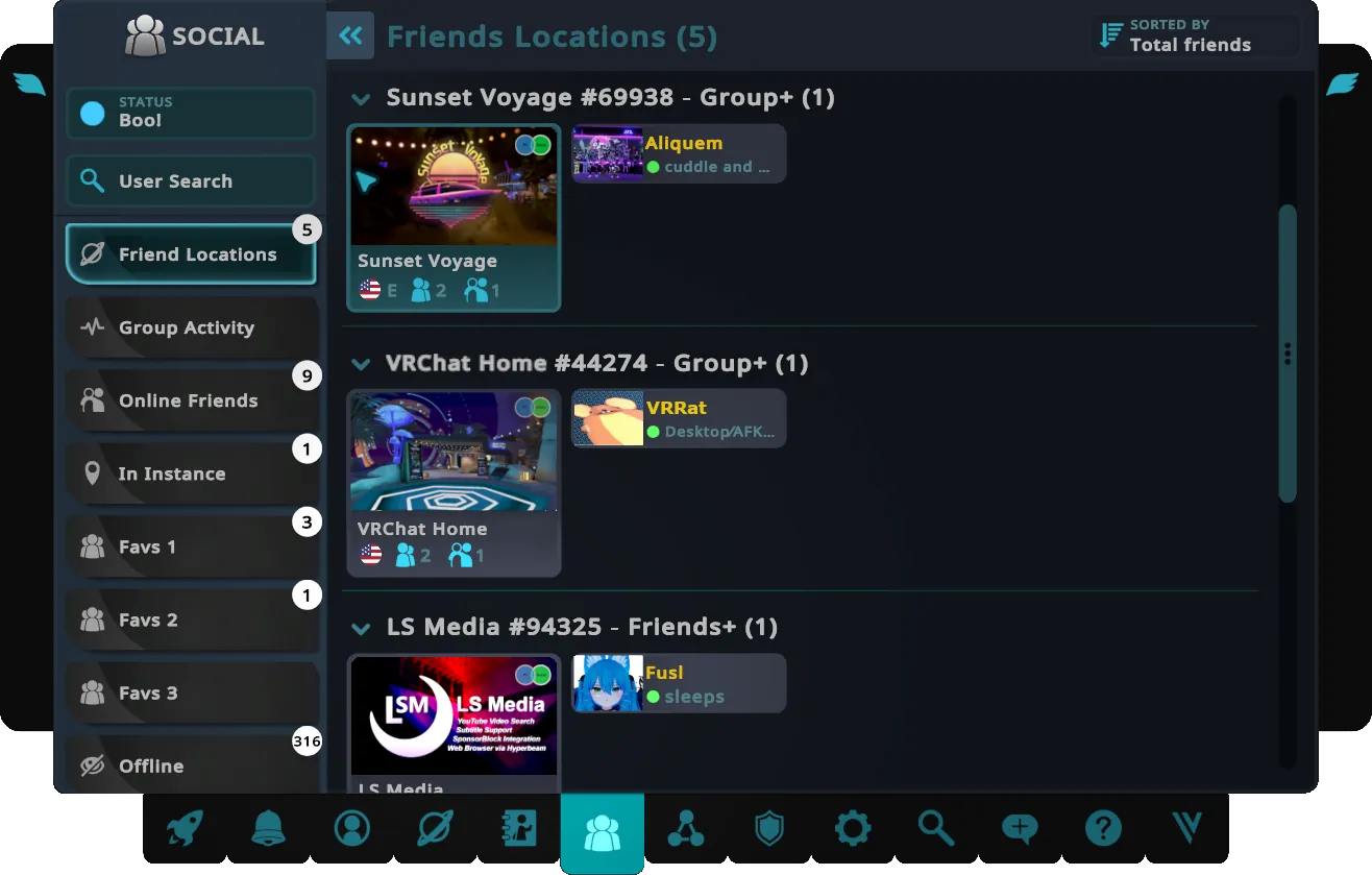 The Friend Locations list in the Social menu, showing which instances friends are in.