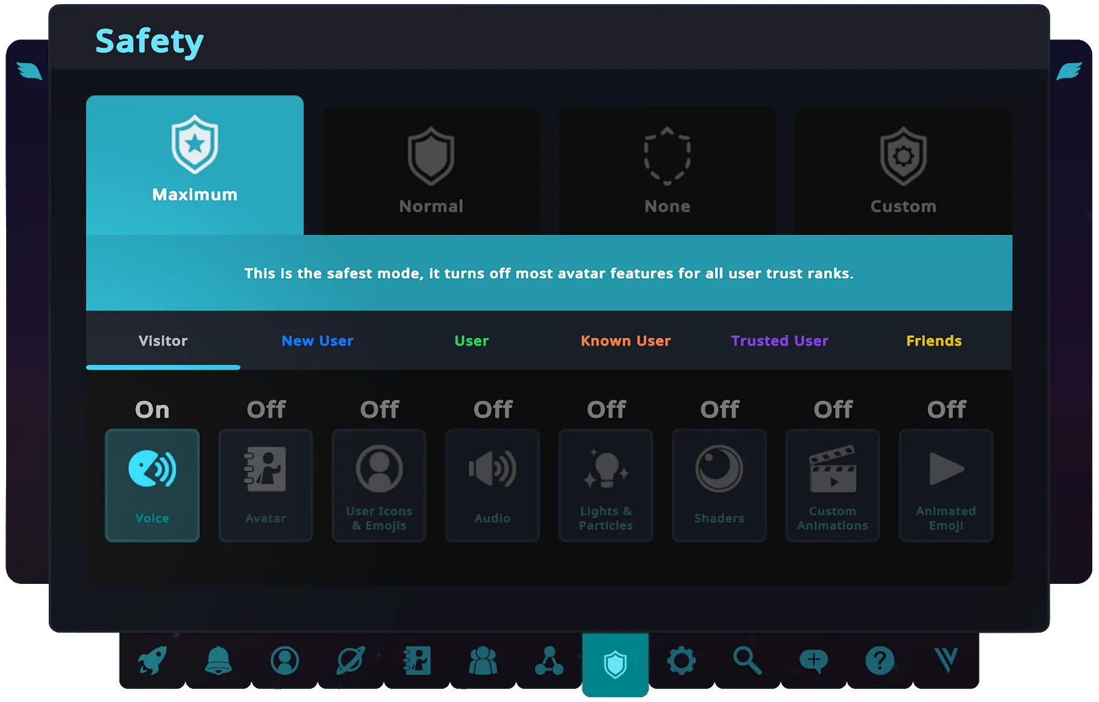 VRChat's Safety menu: shield levels from Maximum to Custom, and per-rank toggles for avatar features.