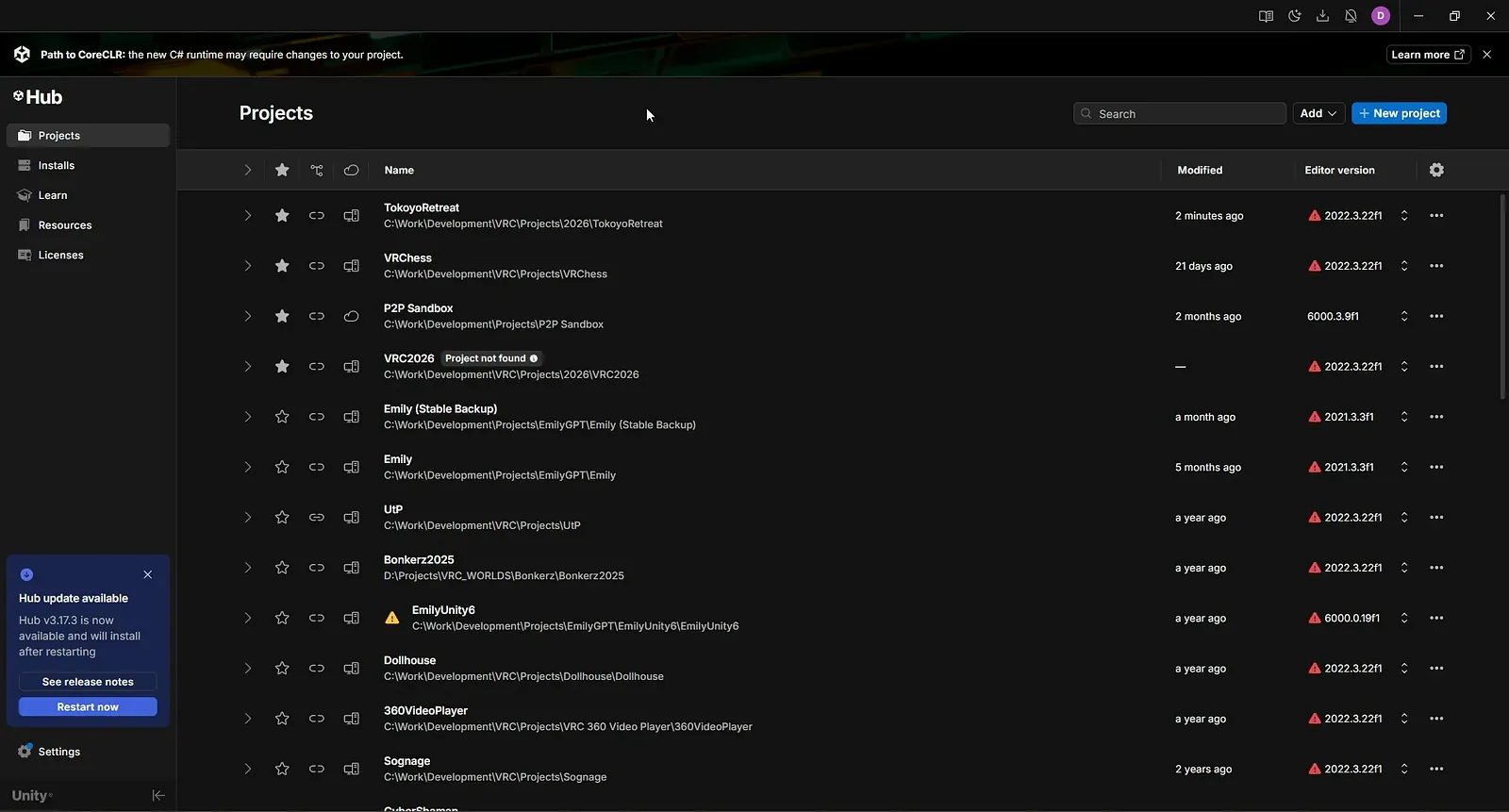 Unity Hub's Projects list.