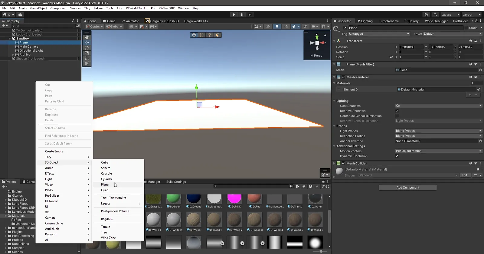 A plain white plane in an empty Unity scene, with the 3D Object menu open in the hierarchy.