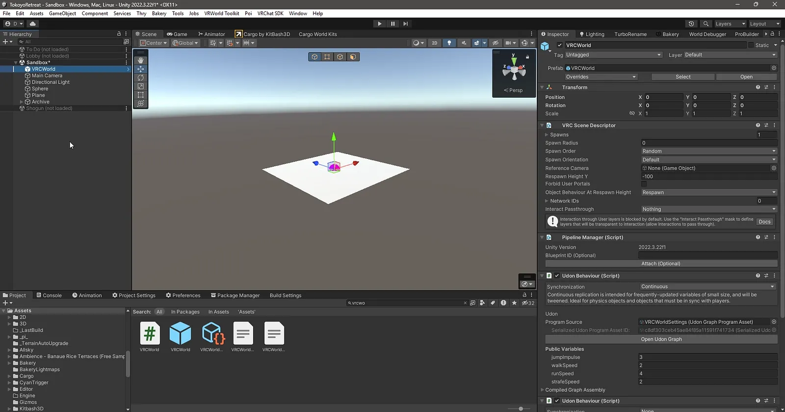 The VRCWorld prefab selected, its scripts listed in the inspector.