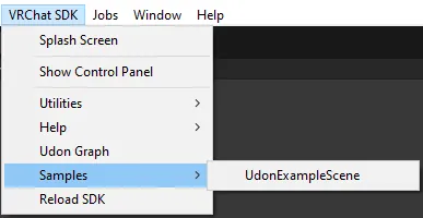 The VRChat SDK menu, open at Samples, UdonExampleScene.