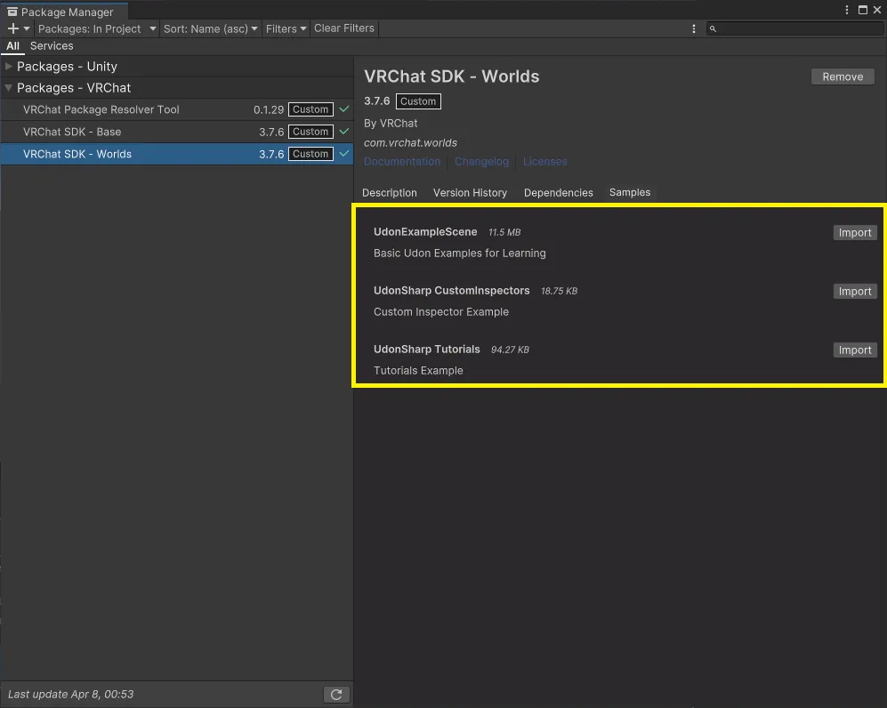Unity Package Manager listing the VRChat SDK samples available to import.