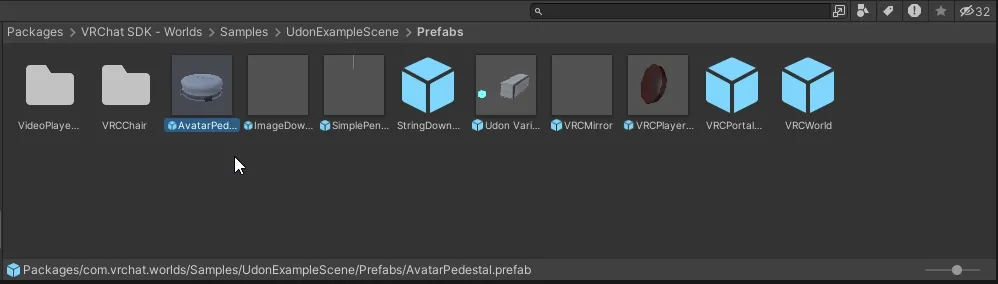 The UdonExampleScene Prefabs folder: Avatar Pedestal, Image Downloader, pen system, mirror, portal and VRCWorld.