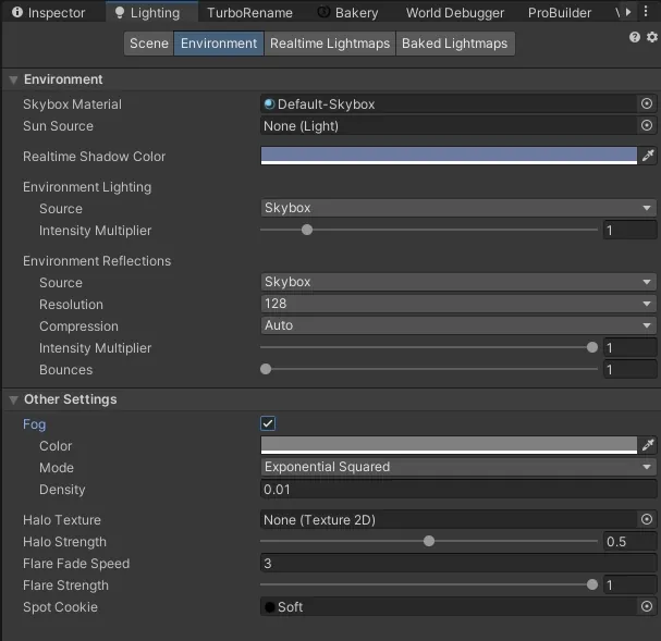 The Lighting window's Environment section, where the skybox material is set.