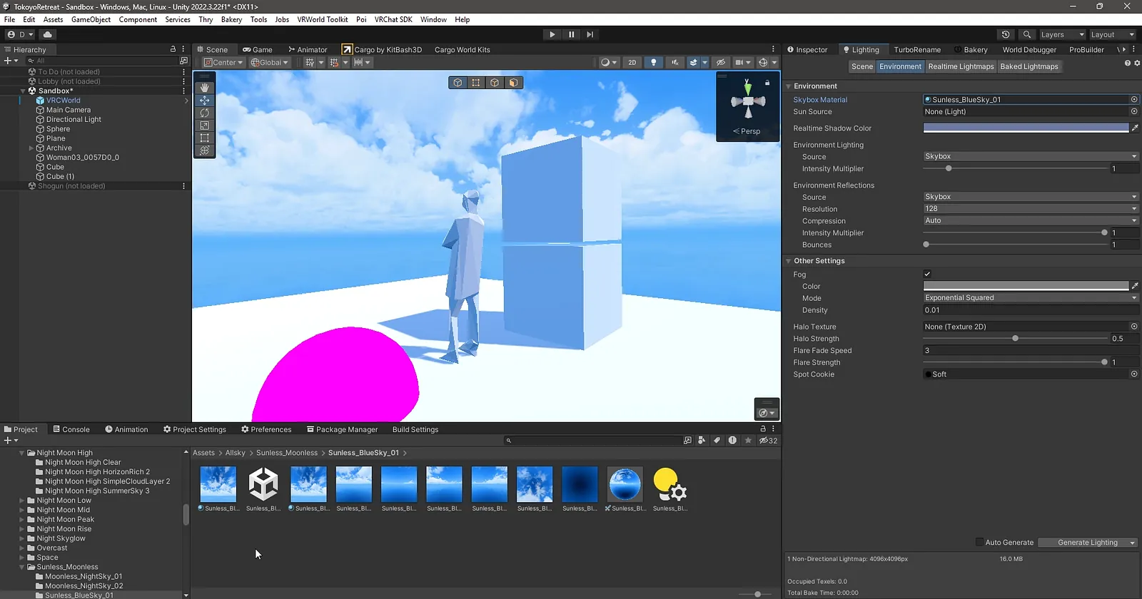 The test scene with the skybox applied: blue sky all round, the figure and cube lit slightly bluer.