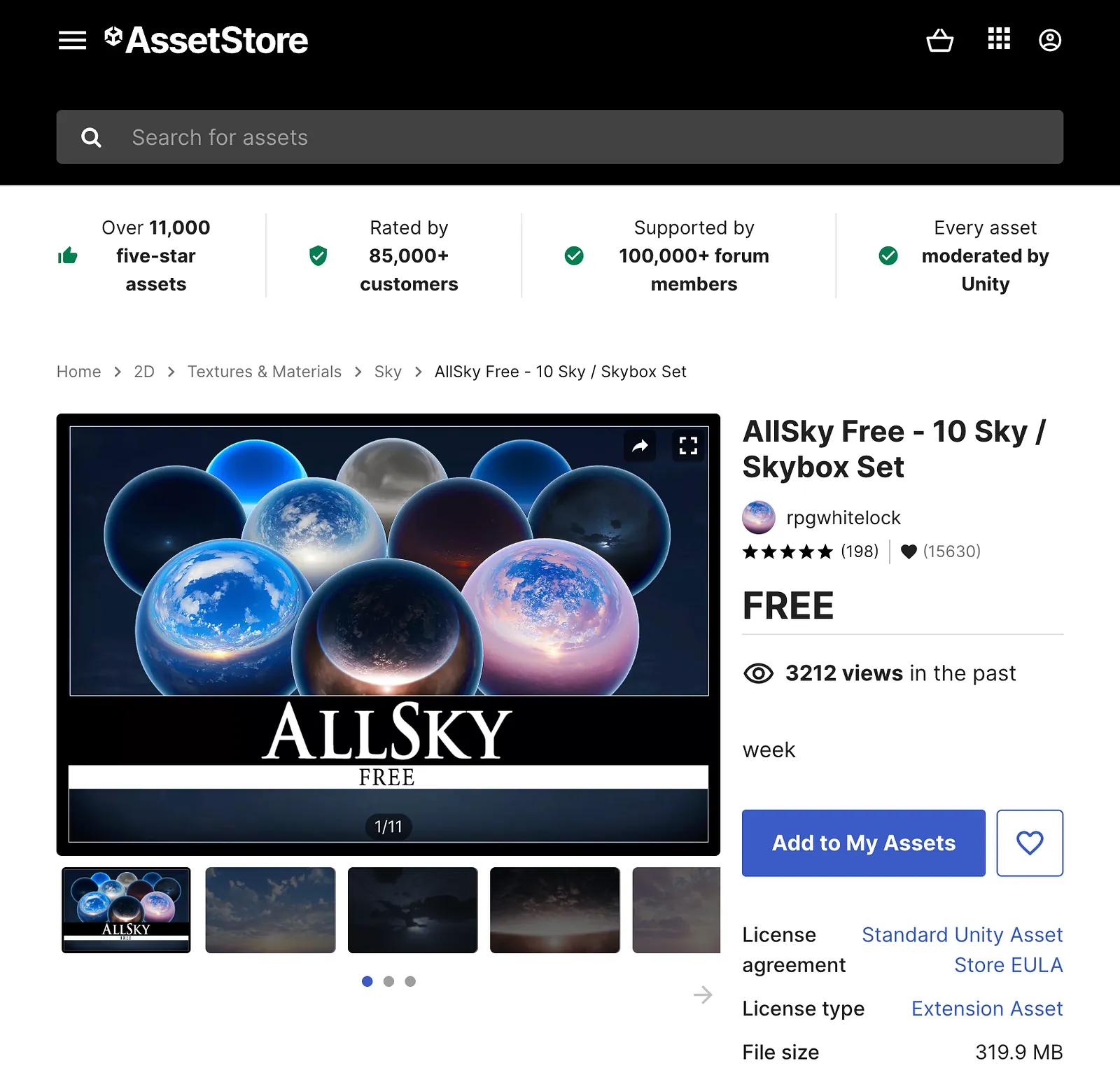 The AllSky Free skybox set on the Unity Asset Store.