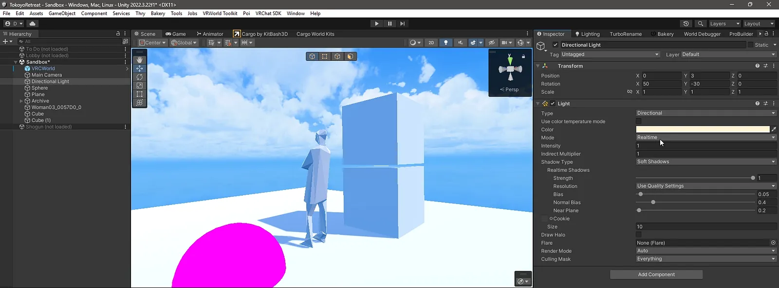 The Directional Light selected, with its Mode set in the inspector.