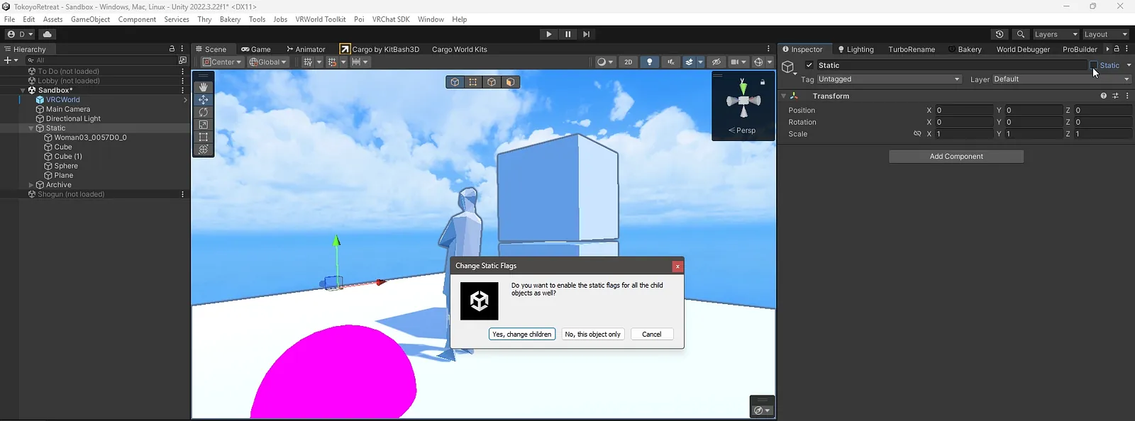 Unity asks whether to mark all child objects of Static as static too.