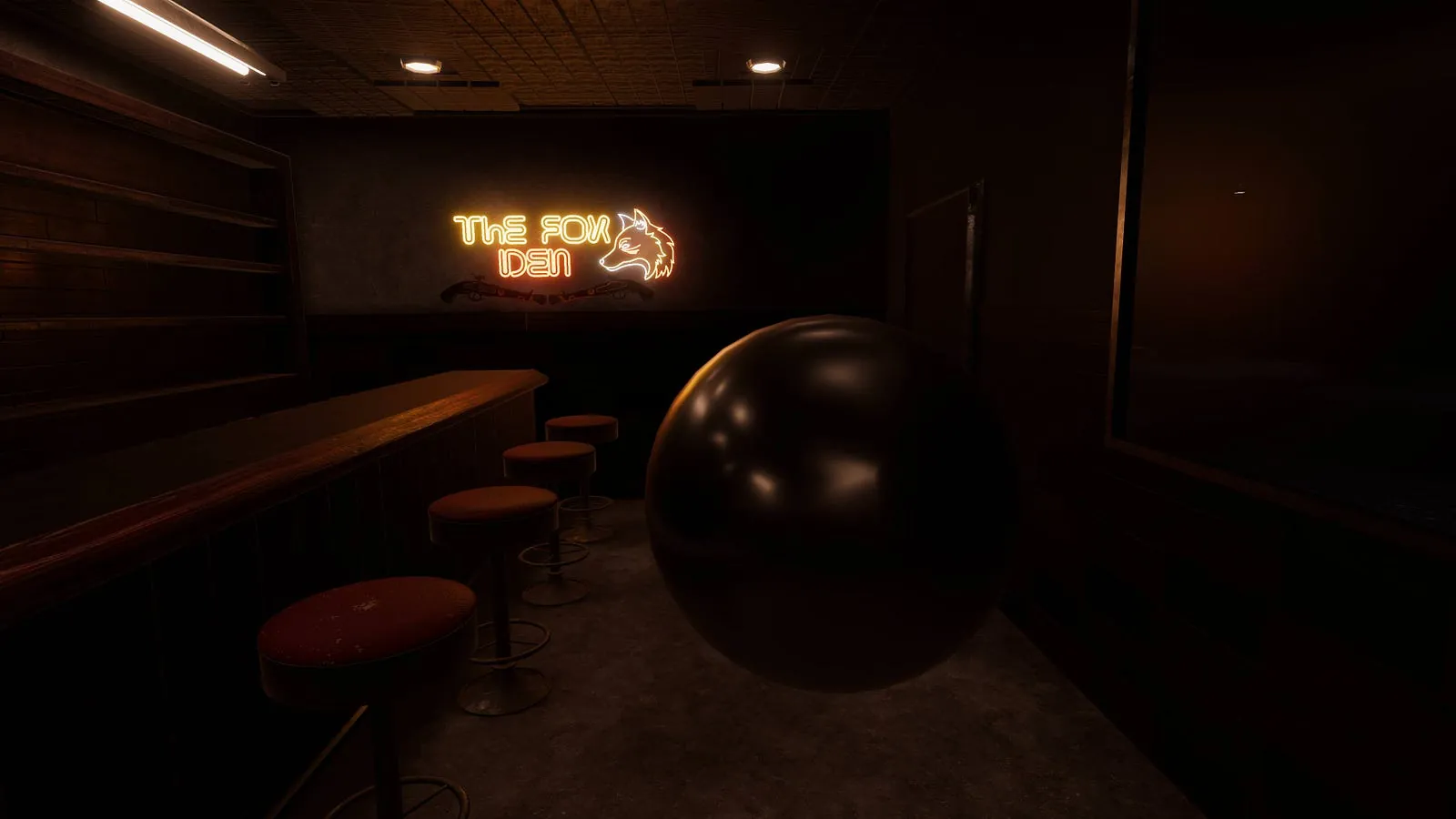 A baked-lighting example: a dark bar lit by a neon "The Fox Den" sign.