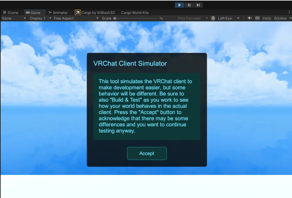 The VRChat Client Simulator notice in Game view, with an Accept button.