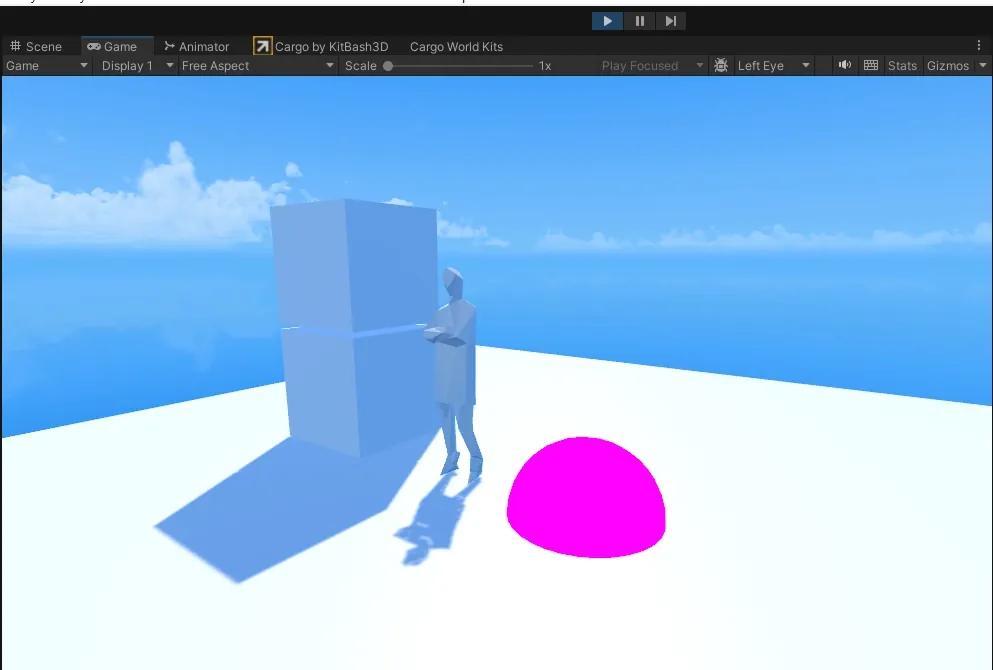 Walking around the test scene in Game view: the figure, the cube and a pink marker under a blue sky.