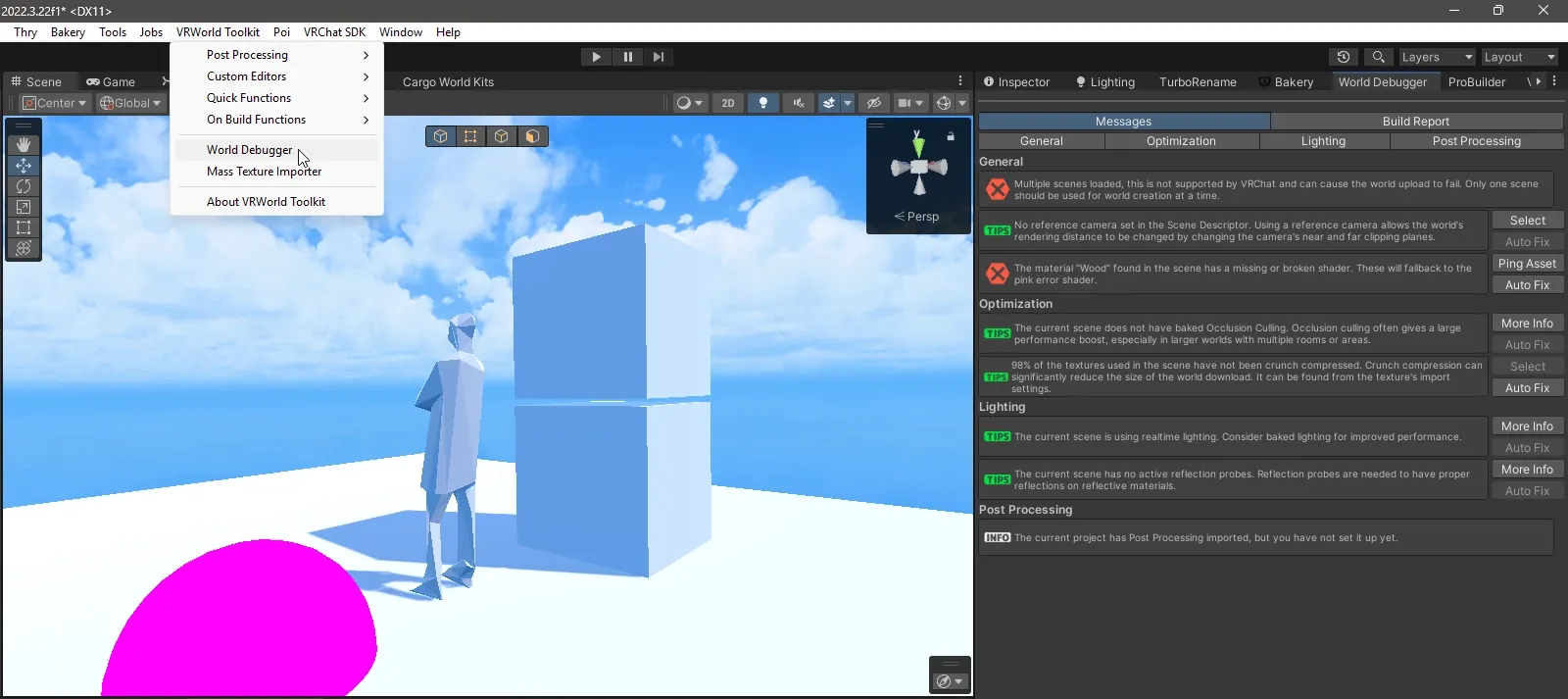 The VRWorld Toolkit World Debugger in the inspector, listing checks on the world.