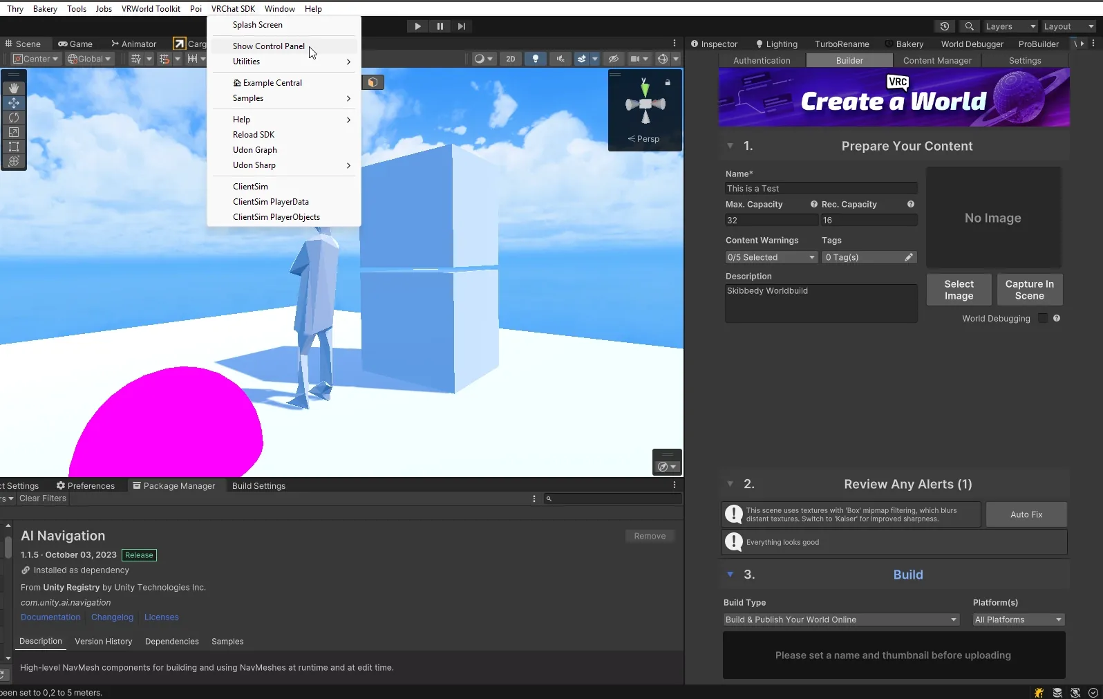 The VRChat SDK Control Panel's Builder tab, ready to name, describe and upload a world.