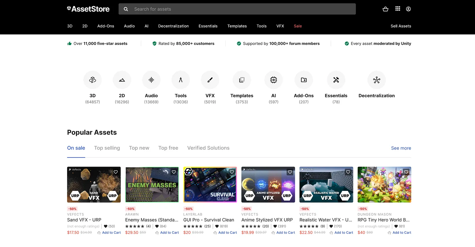 The Unity Asset Store home page.