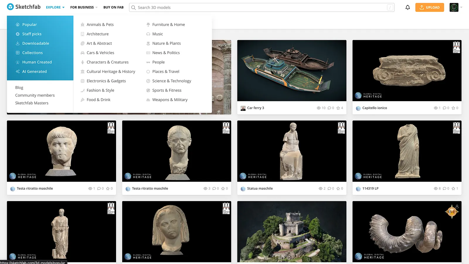 Sketchfab's 3D model browser, full of scanned sculptures and objects.