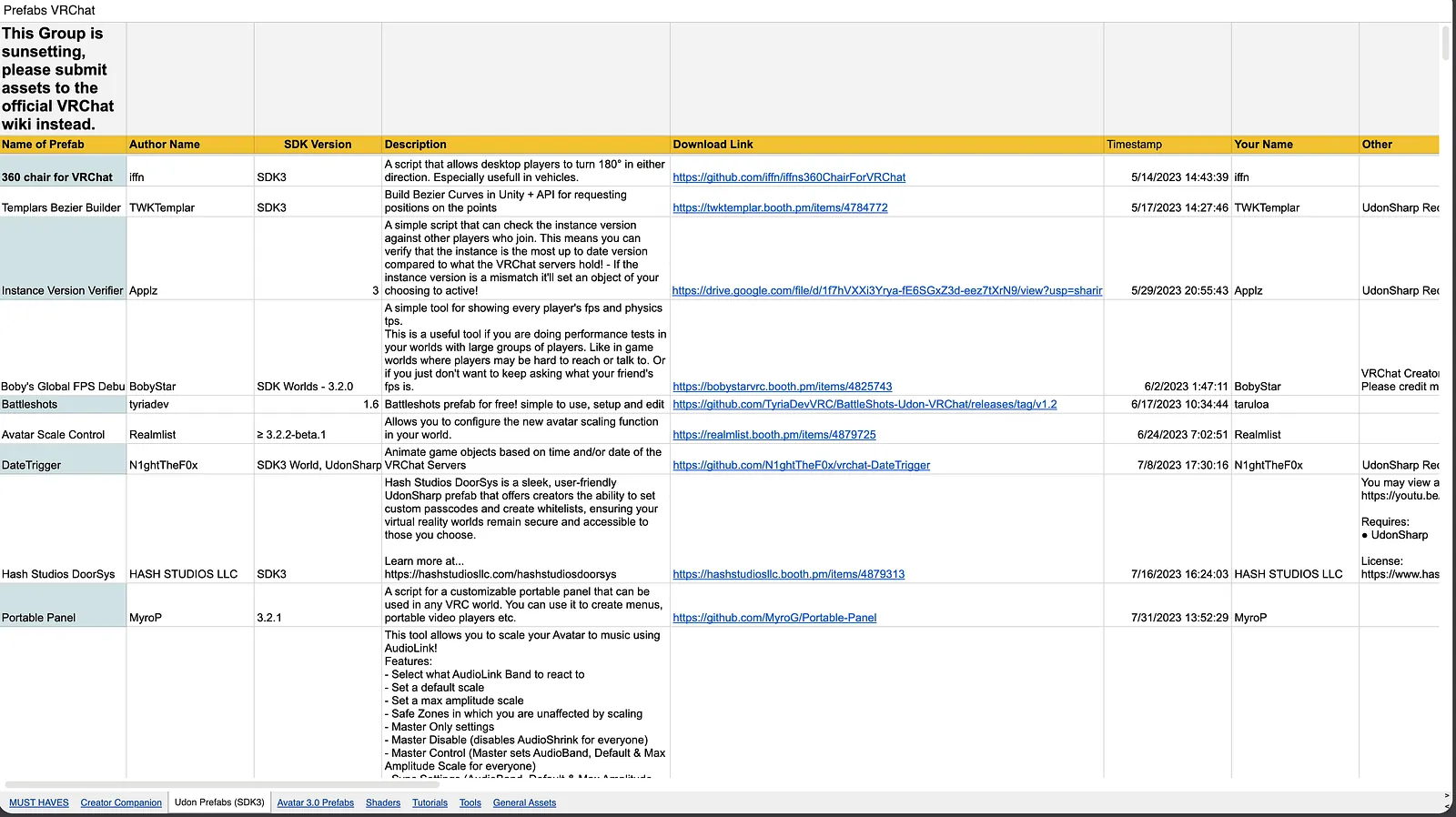 The old VRChat prefabs spreadsheet.