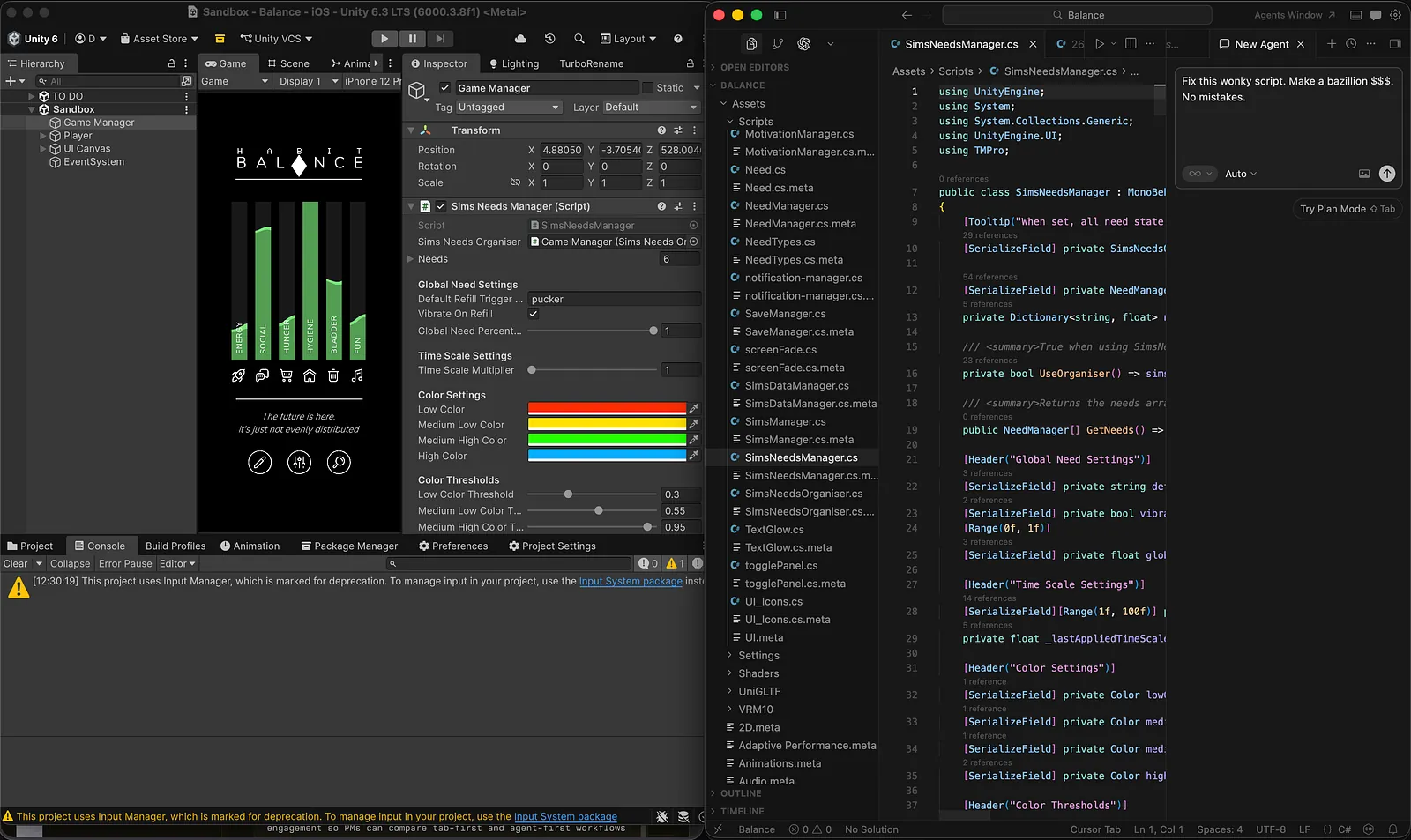 Unity on one side of the screen and Cursor on the other.